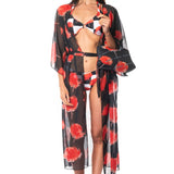 Kimono Lungo Black & White Flowers