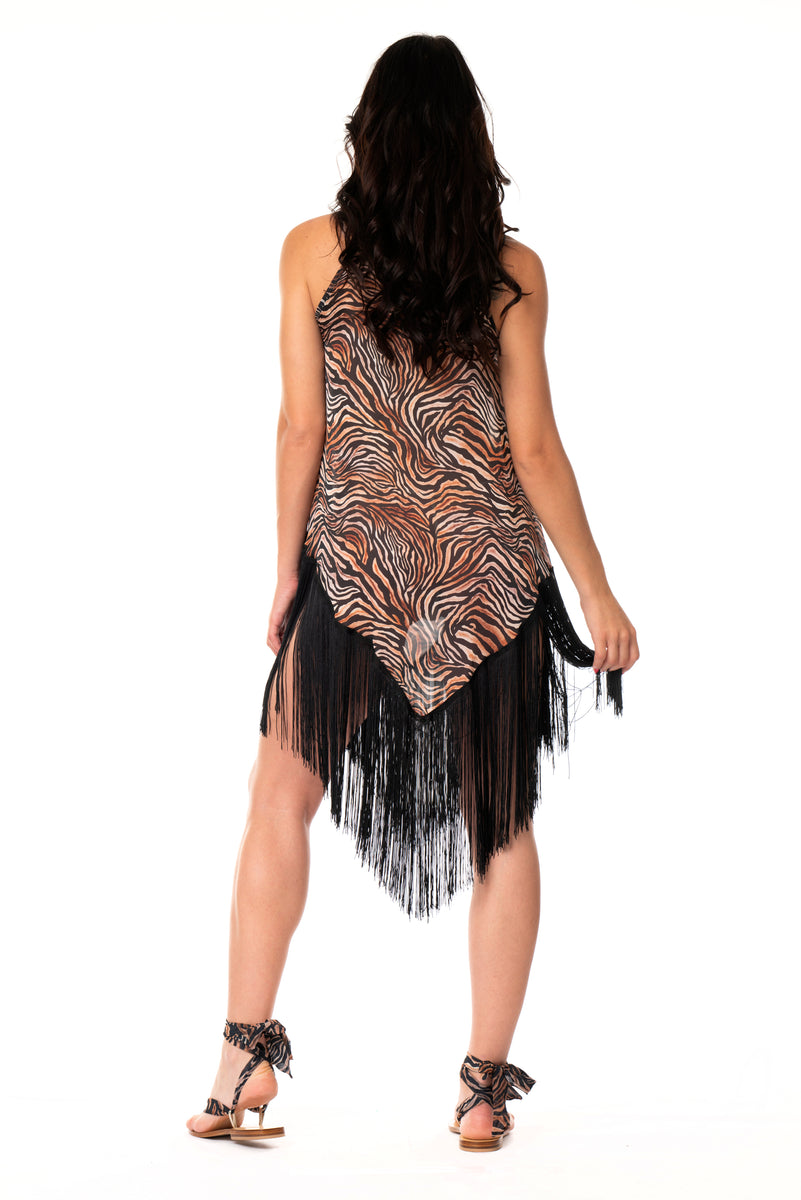 GURU-SHOP Mini Abito Batik Con Frange, Boho, In Viscosa, Fatto A Mano, Taglia 38