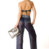 Pantalone largo plisse' blu