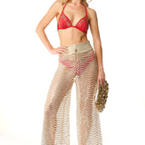 Pantalone largo crochet paillettes oro