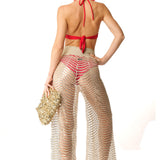 Pantalone largo crochet paillettes oro